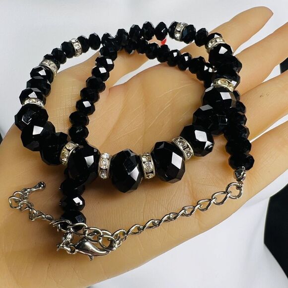 Glamorous Necklace Glass Black Faceted Graduated Beads Rhinestone Gold Tone 4403 - Picture 8 of 13